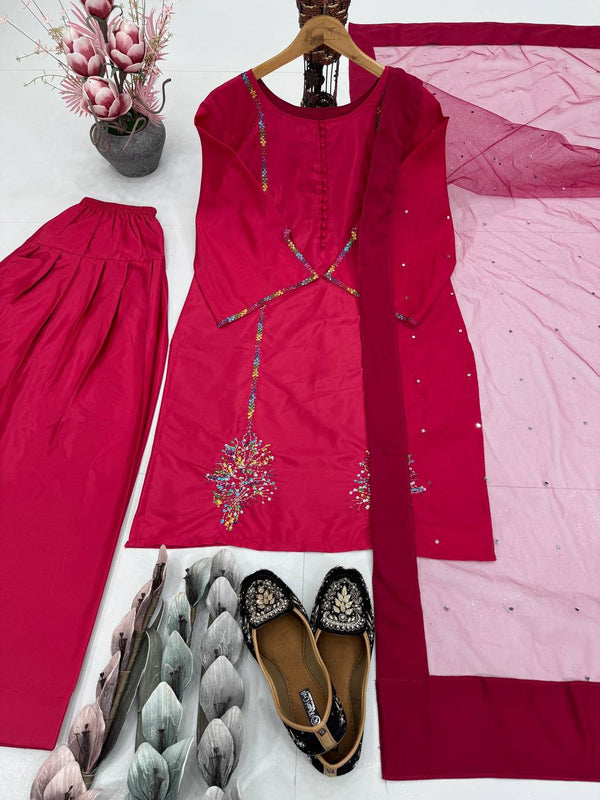 Gorgeous Red Color Heavy Natural Crepe Embroidered Top Palazzo With Dupatta Set