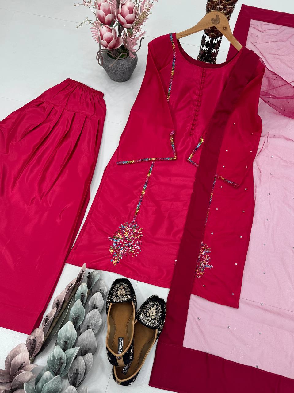 Gorgeous Red Color Heavy Natural Crepe Embroidered Top Palazzo With Dupatta Set