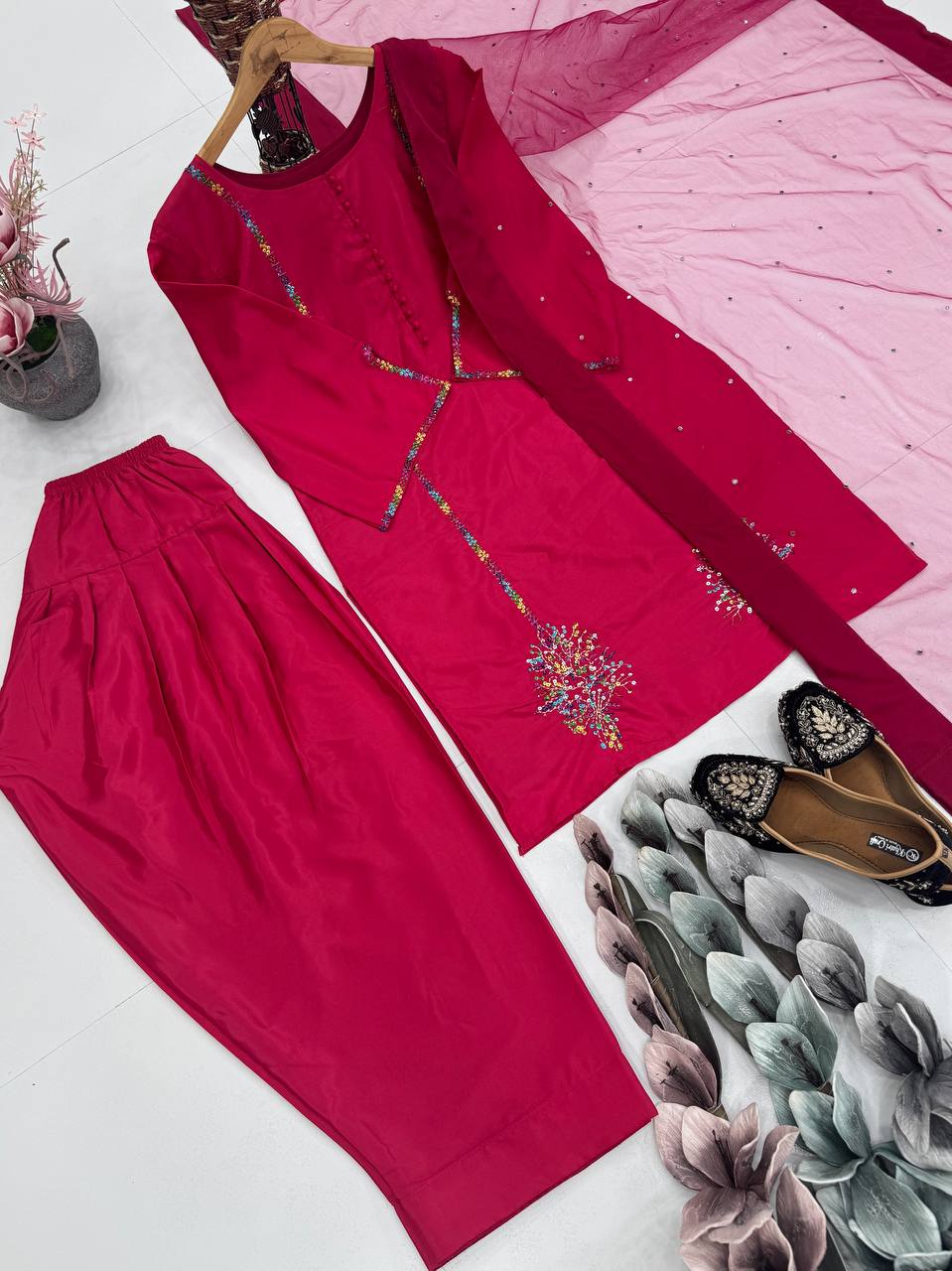Gorgeous Red Color Heavy Natural Crepe Embroidered Top Palazzo With Dupatta Set