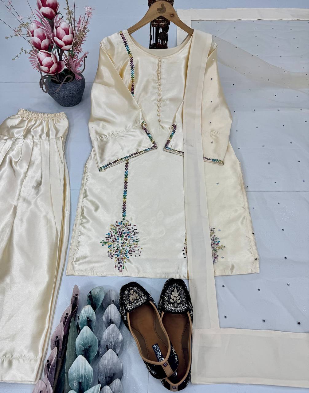 Gorgeous Off White Color Heavy Natural Crepe Embroidered Top Palazzo With Dupatta Set