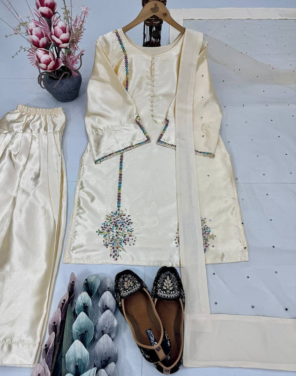 Gorgeous Off White Color Heavy Natural Crepe Embroidered Top Palazzo With Dupatta Set