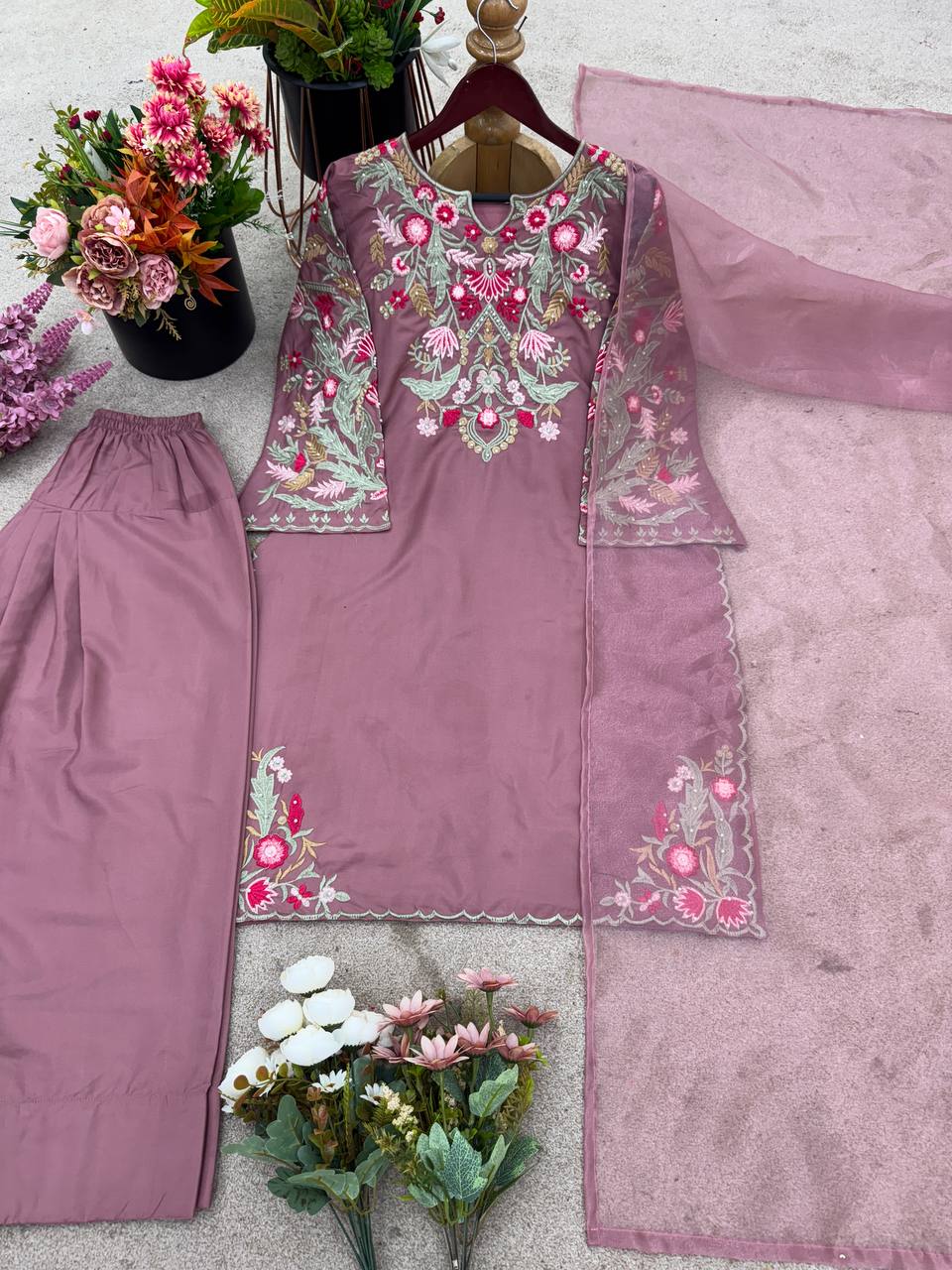 Wedding Wear Lavender Color Natural Crepe Silk Delicate Embroidery And Sequin Work Palazzo Suit