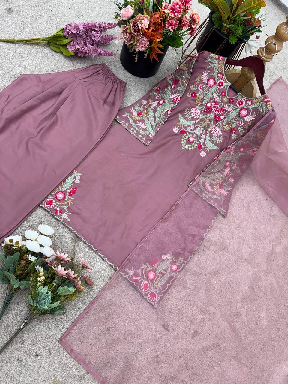 Wedding Wear Lavender Color Natural Crepe Silk Delicate Embroidery And Sequin Work Palazzo Suit