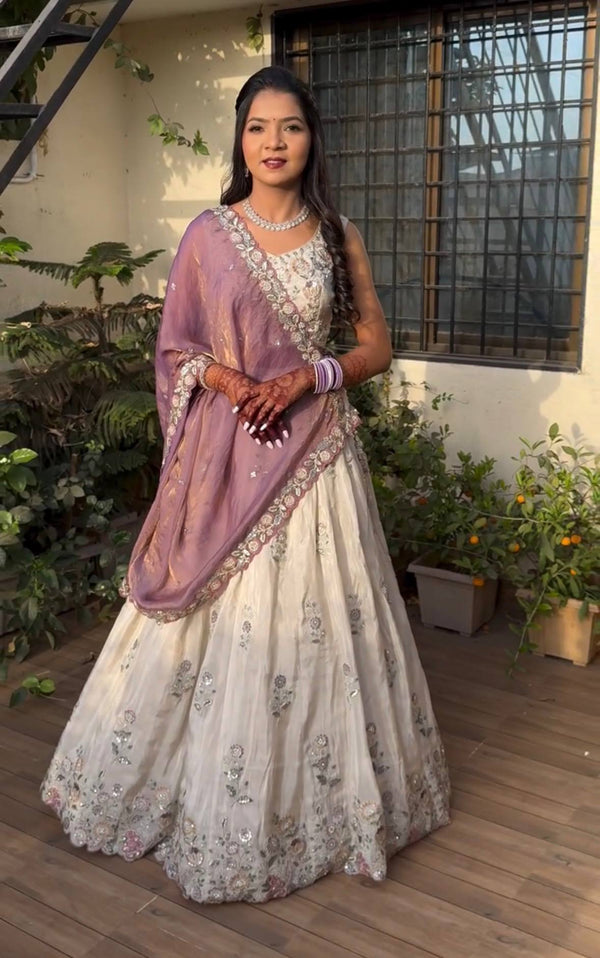Wedding Wear Off White Color Embroidery Work Lehenga Choli Set