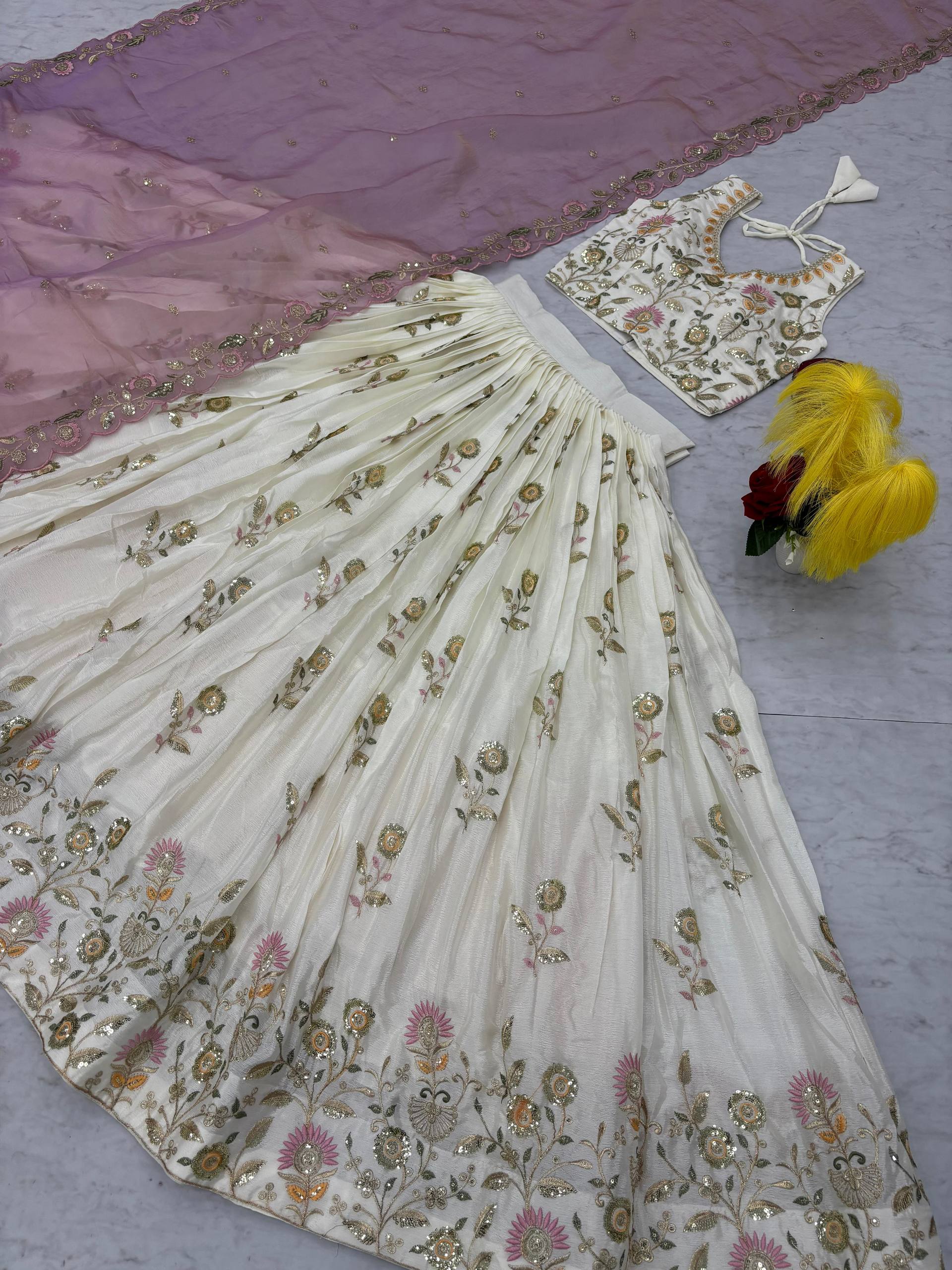 Wedding Wear Off White Color Embroidery Work Lehenga Choli Set