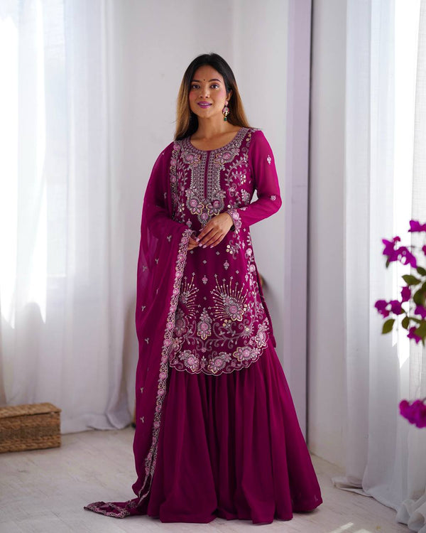 Wedding Wear Wine Color Faux Georgette And Thread With Sequence Work Designer Sharara Suit