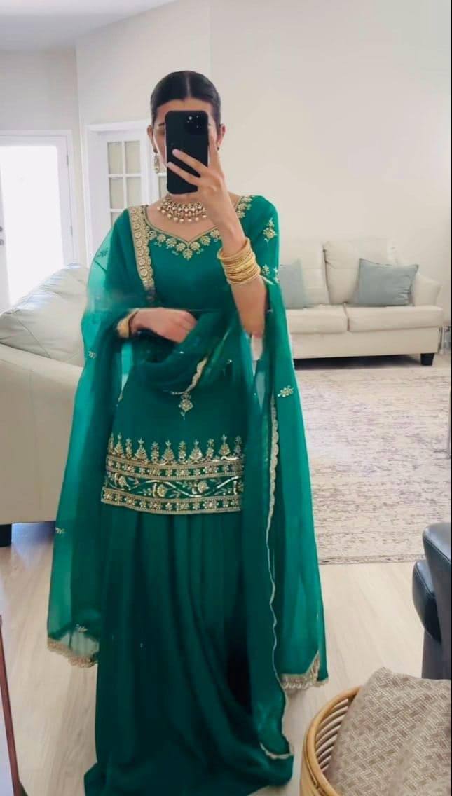 Wedding Wear Green Color Sequins Embroidered Ready To Wear Lehenga Suit
