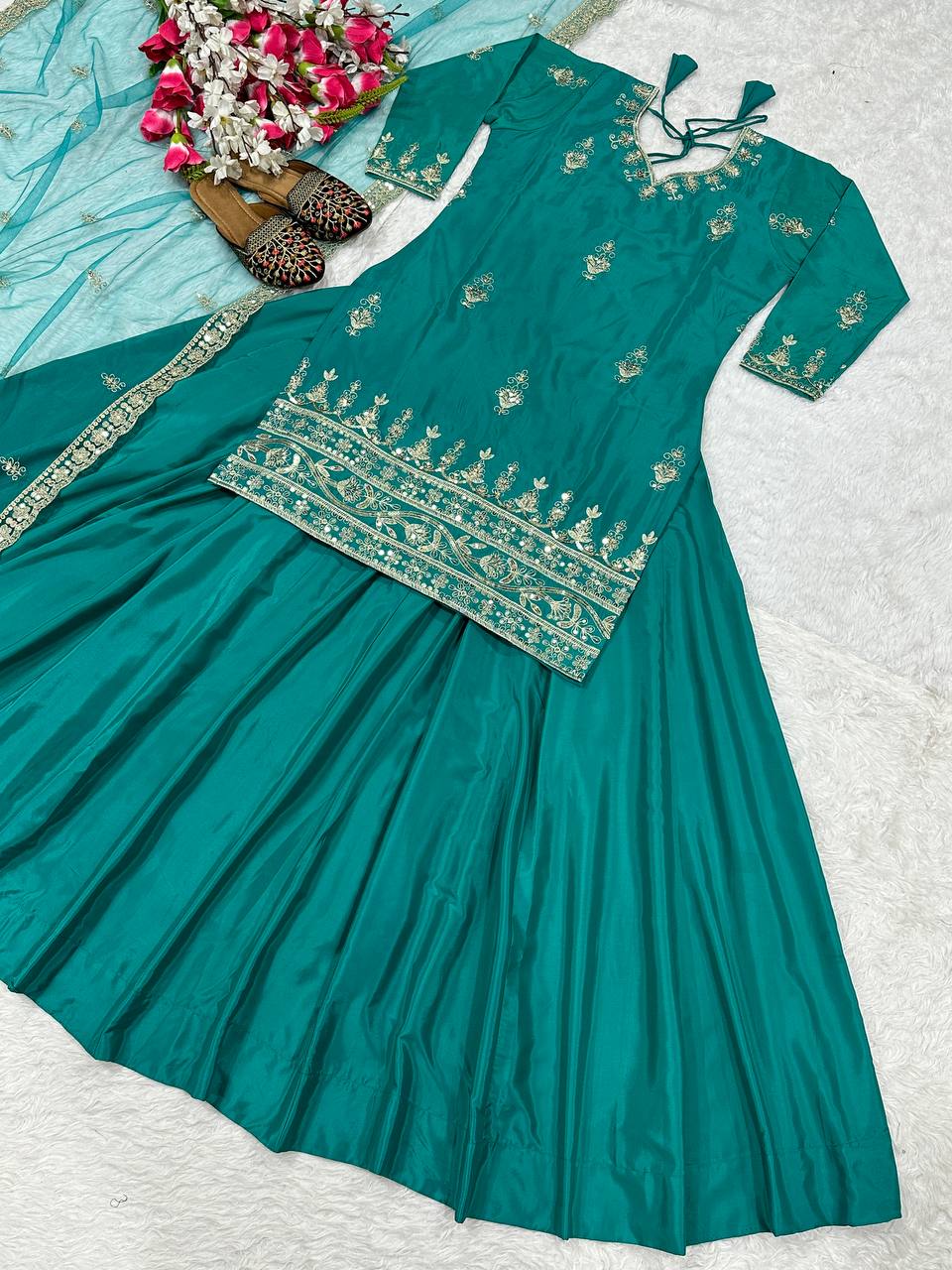 Wedding Wear Green Color Sequins Embroidered Ready To Wear Lehenga Suit