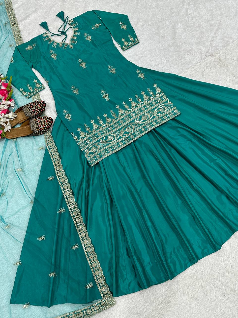 Wedding Wear Green Color Sequins Embroidered Ready To Wear Lehenga Suit