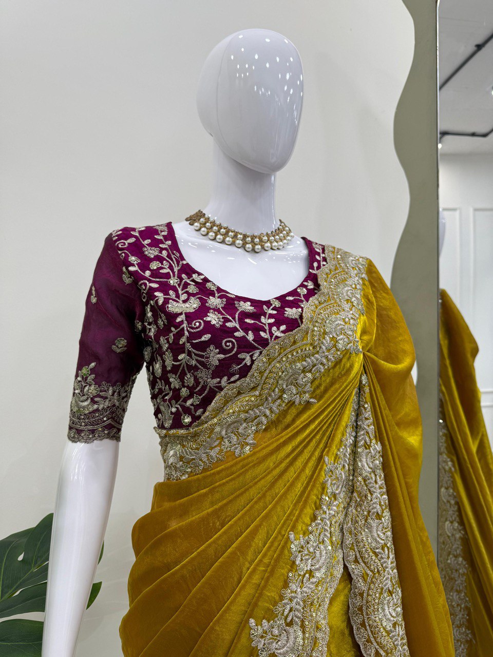 Wedding Wear Mustard Fendy Silk Thread Embroidery Work Beautiful Saree
