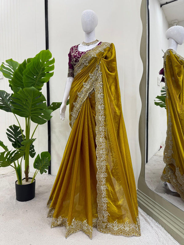 Wedding Wear Mustard Fendy Silk Thread Embroidery Work Beautiful Saree