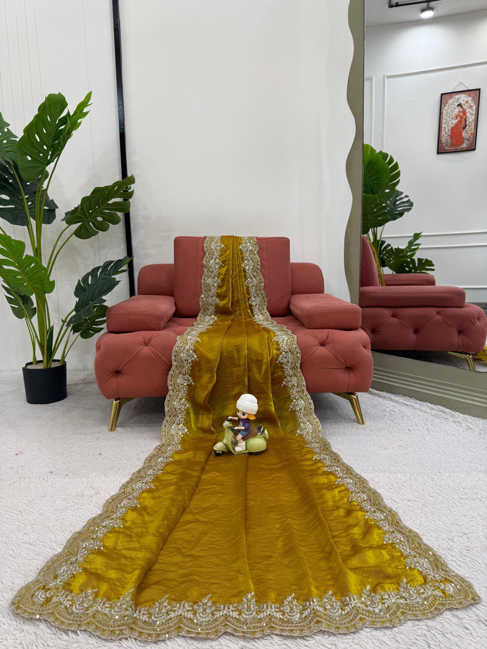 Wedding Wear Mustard Fendy Silk Thread Embroidery Work Beautiful Saree