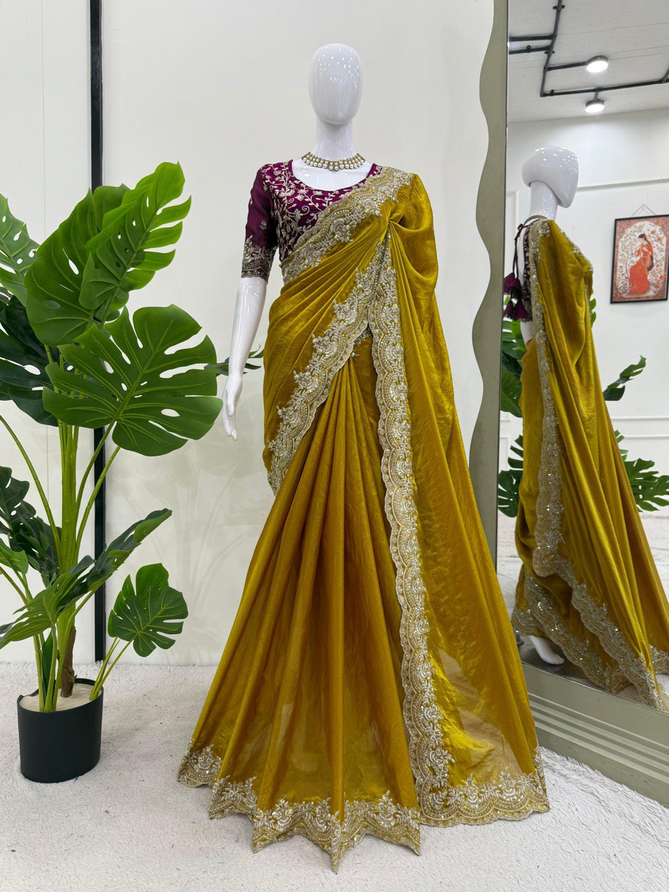 Wedding Wear Mustard Fendy Silk Thread Embroidery Work Beautiful Saree