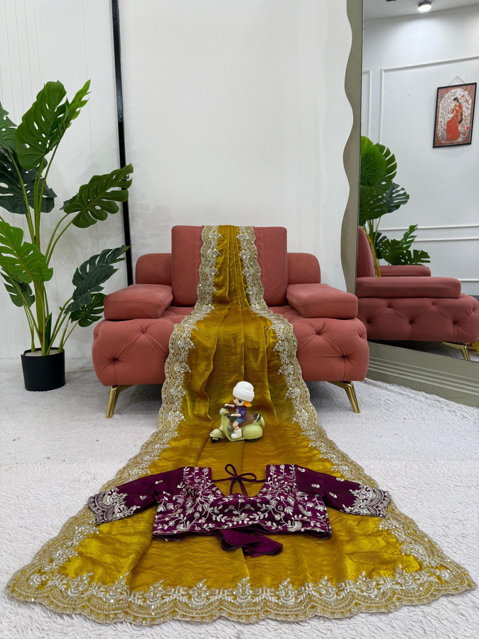 Wedding Wear Mustard Fendy Silk Thread Embroidery Work Beautiful Saree