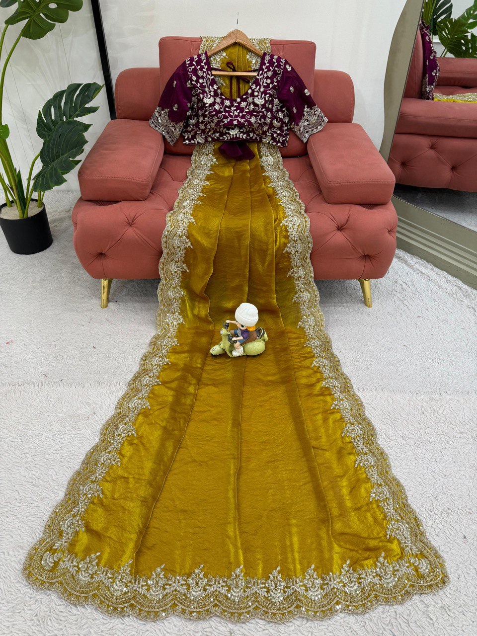 Wedding Wear Mustard Fendy Silk Thread Embroidery Work Beautiful Saree