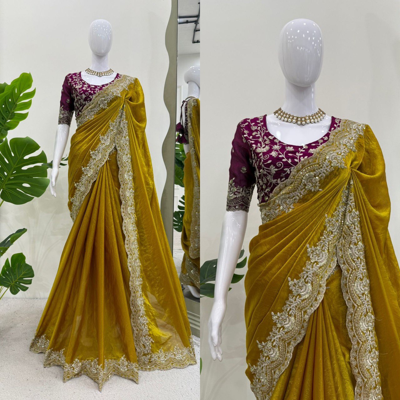 Wedding Wear Mustard Fendy Silk Thread Embroidery Work Beautiful Saree