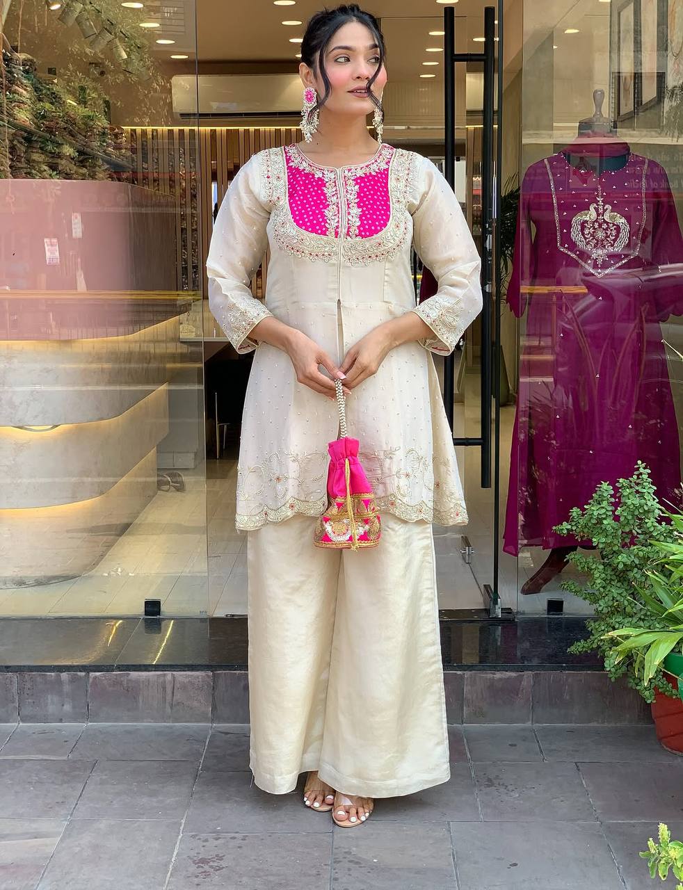 Ceremony Wear Roman Shimmer Silk With Embroidery And Coding Sequine Work Cord Set Palazzo Suit