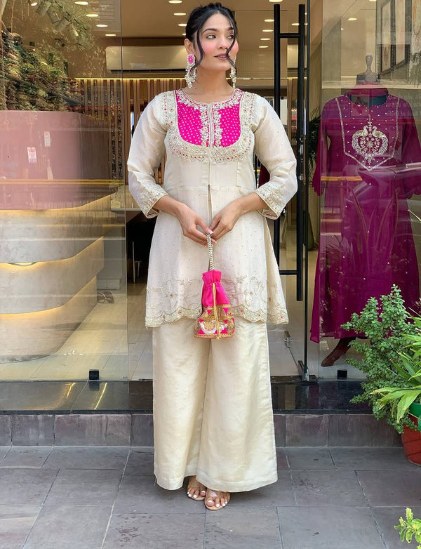 Ceremony Wear Roman Shimmer Silk With Embroidery And Coding Sequine Work Cord Set Palazzo Suit