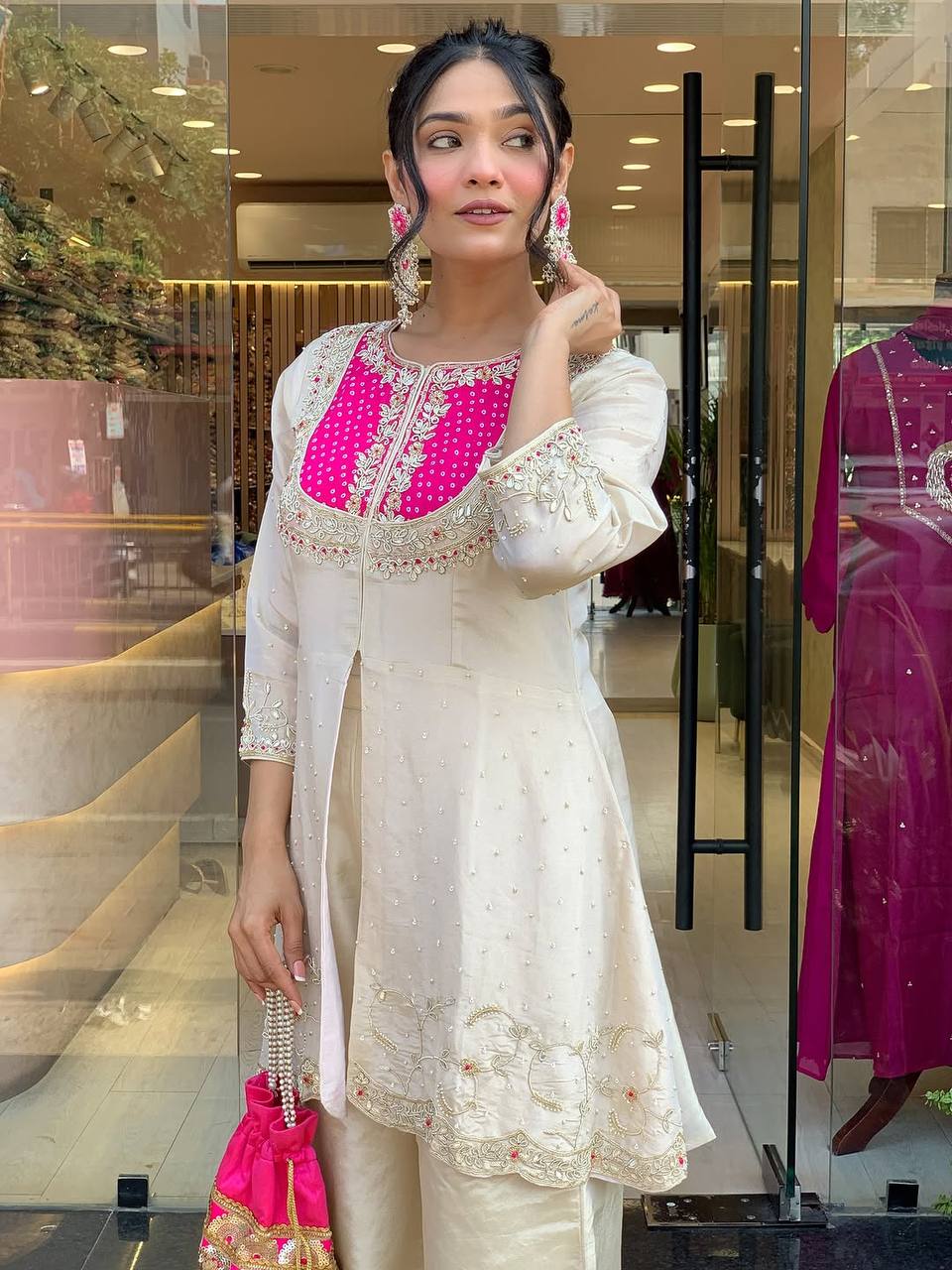 Ceremony Wear Roman Shimmer Silk With Embroidery And Coding Sequine Work Cord Set Palazzo Suit