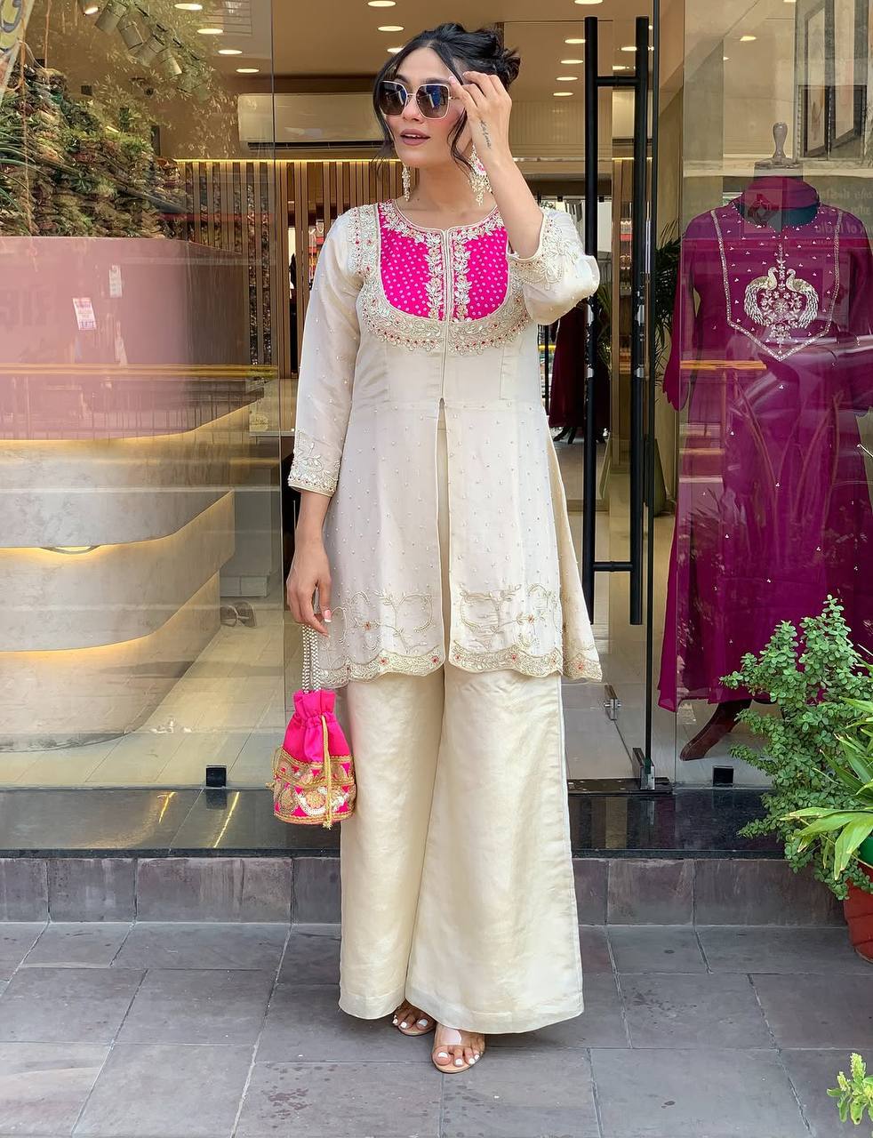 Ceremony Wear Roman Shimmer Silk With Embroidery And Coding Sequine Work Cord Set Palazzo Suit