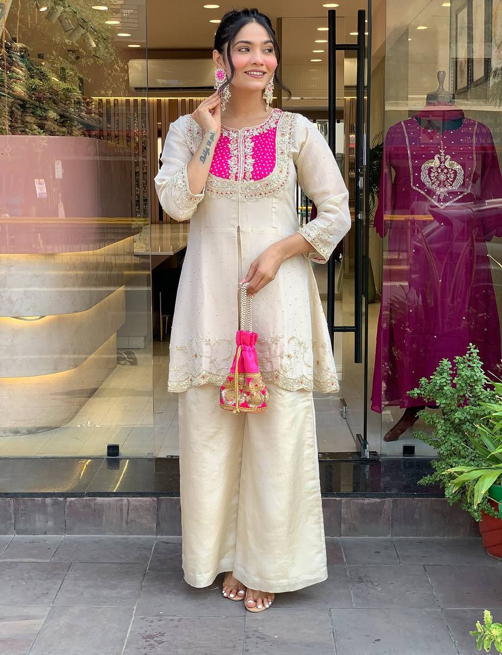 Ceremony Wear Roman Shimmer Silk With Embroidery And Coding Sequine Work Cord Set Palazzo Suit