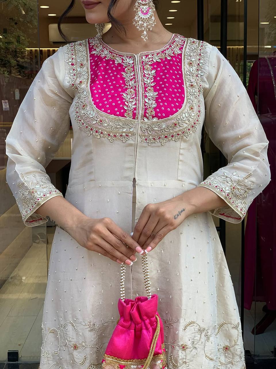 Ceremony Wear Roman Shimmer Silk With Embroidery And Coding Sequine Work Cord Set Palazzo Suit