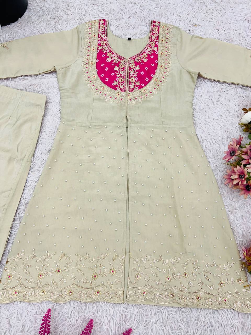 Ceremony Wear Roman Shimmer Silk With Embroidery And Coding Sequine Work Cord Set Palazzo Suit