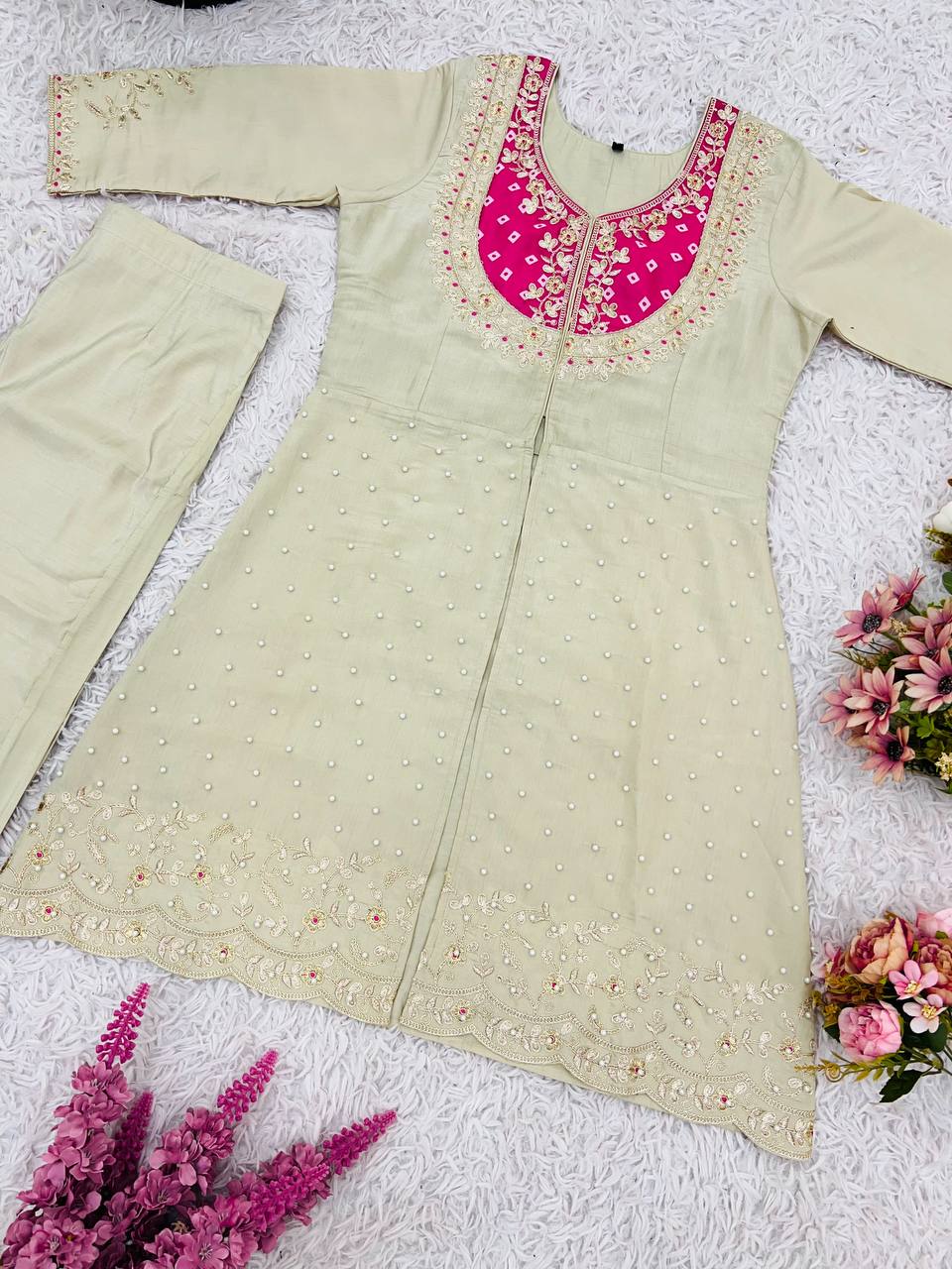 Ceremony Wear Roman Shimmer Silk With Embroidery And Coding Sequine Work Cord Set Palazzo Suit