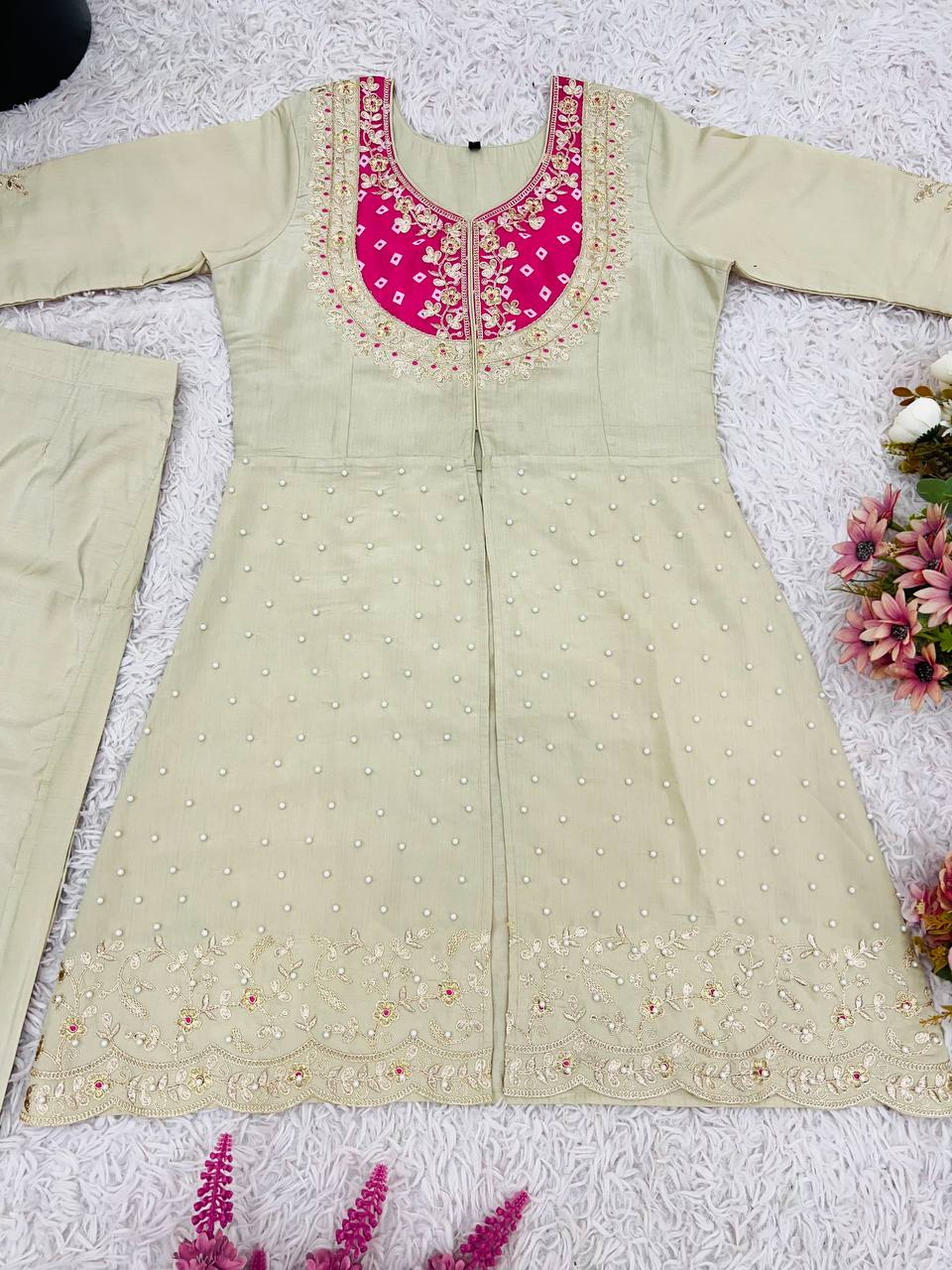 Ceremony Wear Roman Shimmer Silk With Embroidery And Coding Sequine Work Cord Set Palazzo Suit