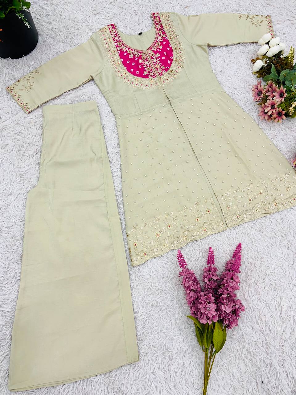 Ceremony Wear Roman Shimmer Silk With Embroidery And Coding Sequine Work Cord Set Palazzo Suit