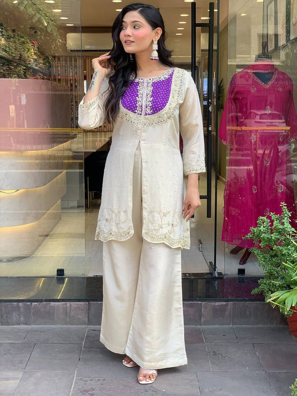 Function Wear Roman Shimmer Silk With Embroidery And Coding Sequine Work Cord Set Palazzo Suit