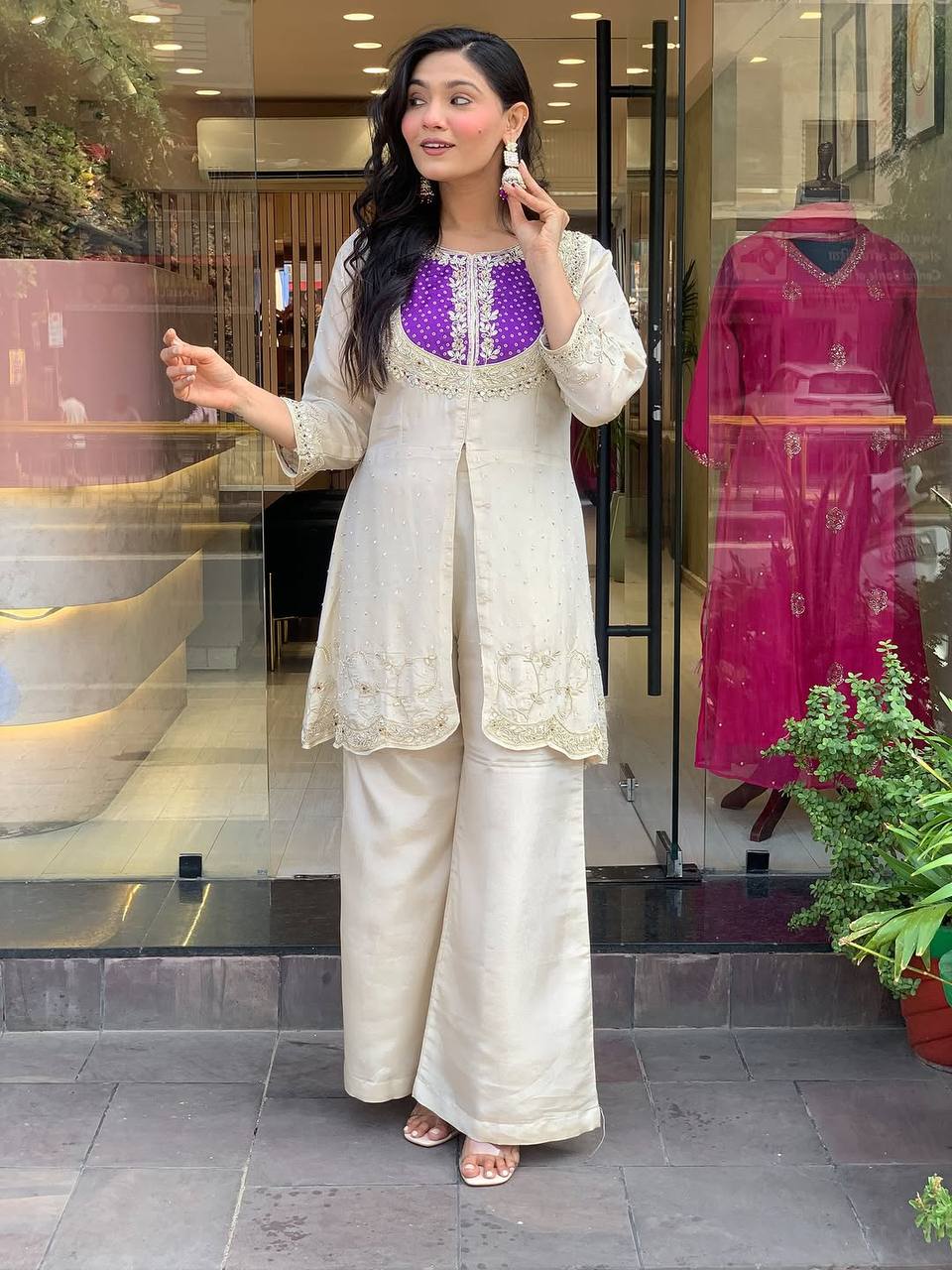 Function Wear Roman Shimmer Silk With Embroidery And Coding Sequine Work Cord Set Palazzo Suit