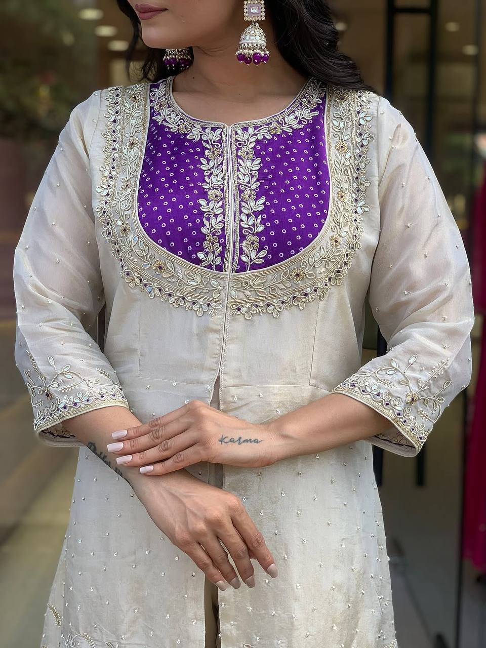 Function Wear Roman Shimmer Silk With Embroidery And Coding Sequine Work Cord Set Palazzo Suit