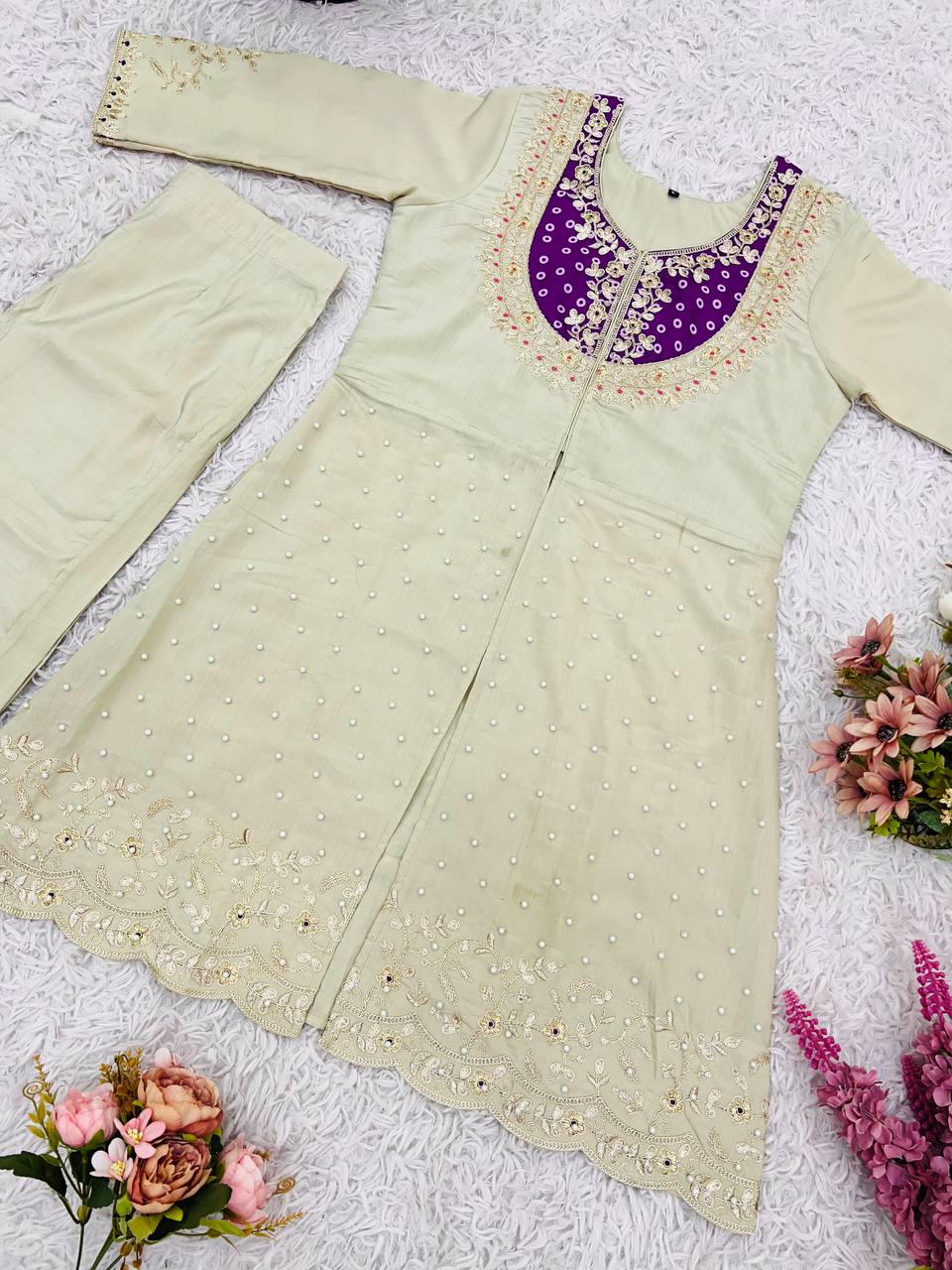 Function Wear Roman Shimmer Silk With Embroidery And Coding Sequine Work Cord Set Palazzo Suit