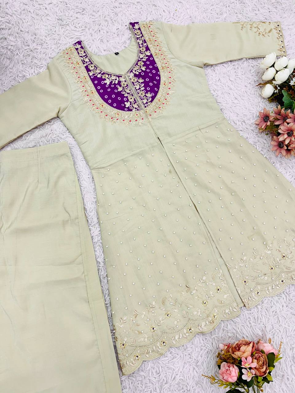 Function Wear Roman Shimmer Silk With Embroidery And Coding Sequine Work Cord Set Palazzo Suit