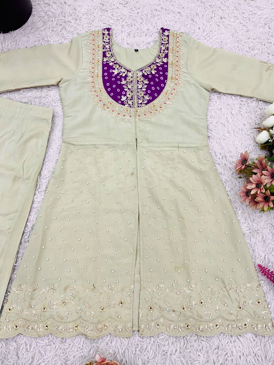 Function Wear Roman Shimmer Silk With Embroidery And Coding Sequine Work Cord Set Palazzo Suit
