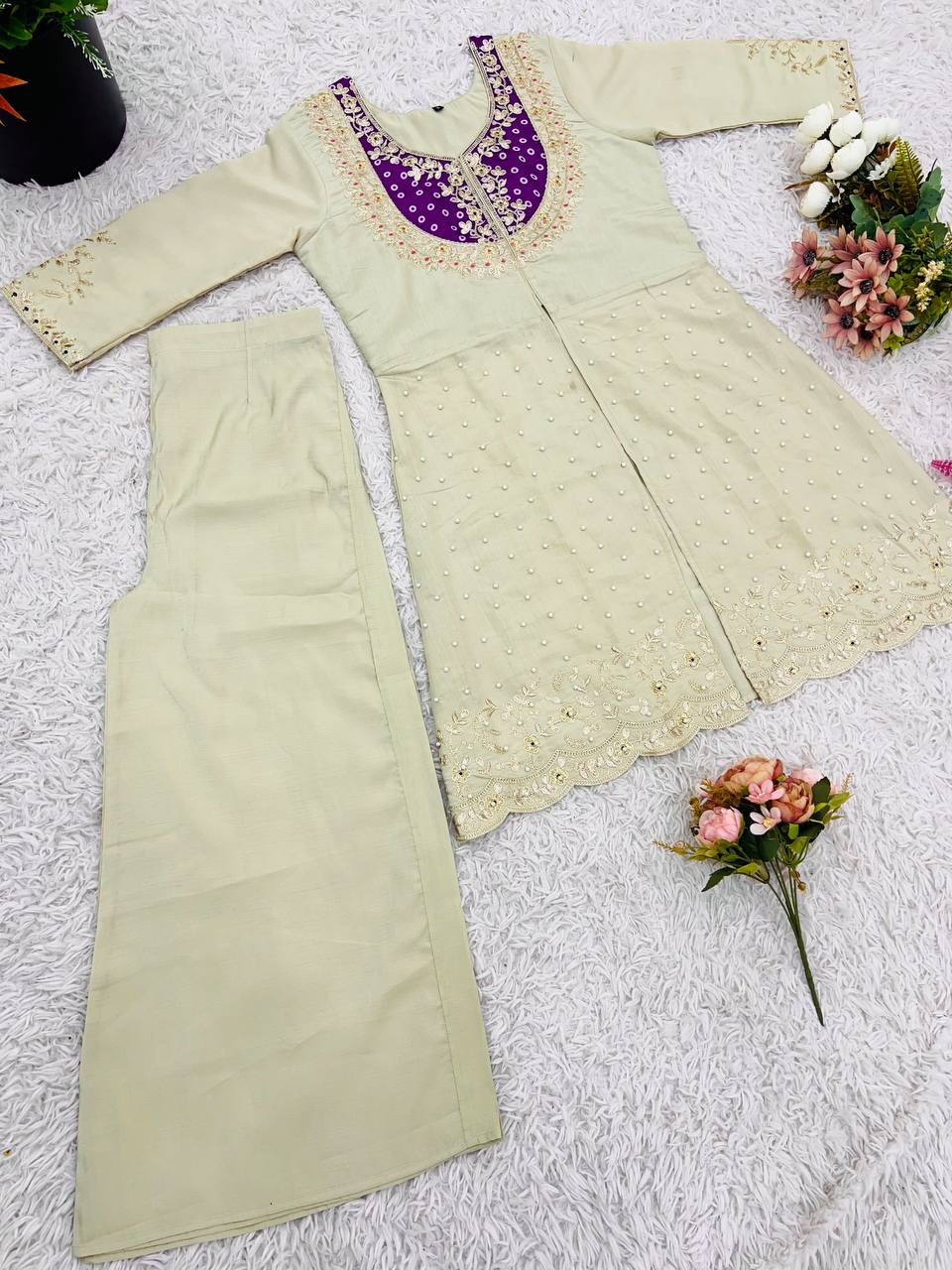 Function Wear Roman Shimmer Silk With Embroidery And Coding Sequine Work Cord Set Palazzo Suit