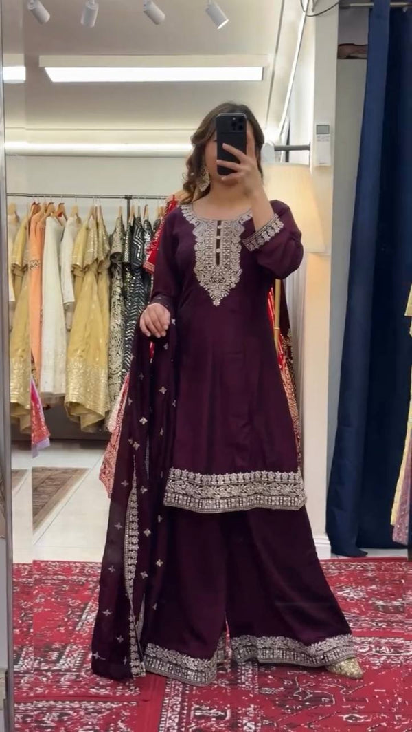Wedding Wear Wine Color Premium Chinon Silk Beautiful Thread Embroidery Wth Sequin Work Palazzo Suit