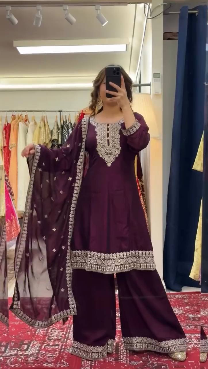 Wedding Wear Wine Color Premium Chinon Silk Beautiful Thread Embroidery Wth Sequin Work Palazzo Suit
