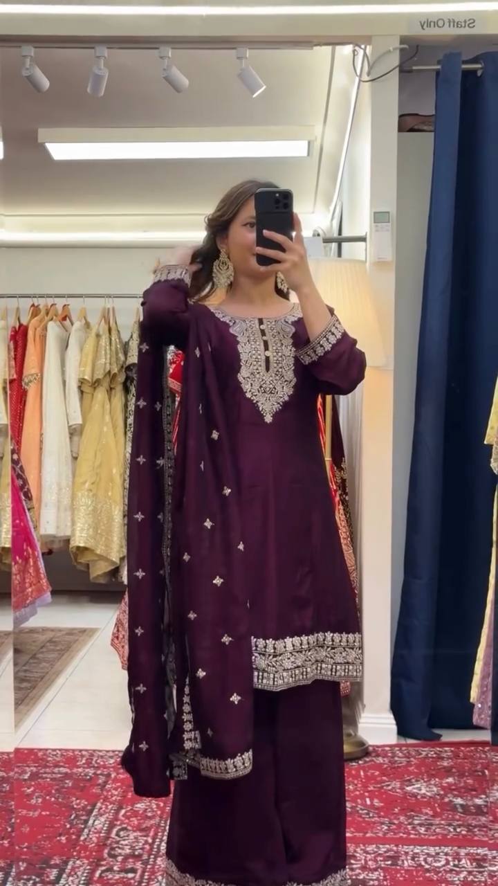 Wedding Wear Wine Color Premium Chinon Silk Beautiful Thread Embroidery Wth Sequin Work Palazzo Suit