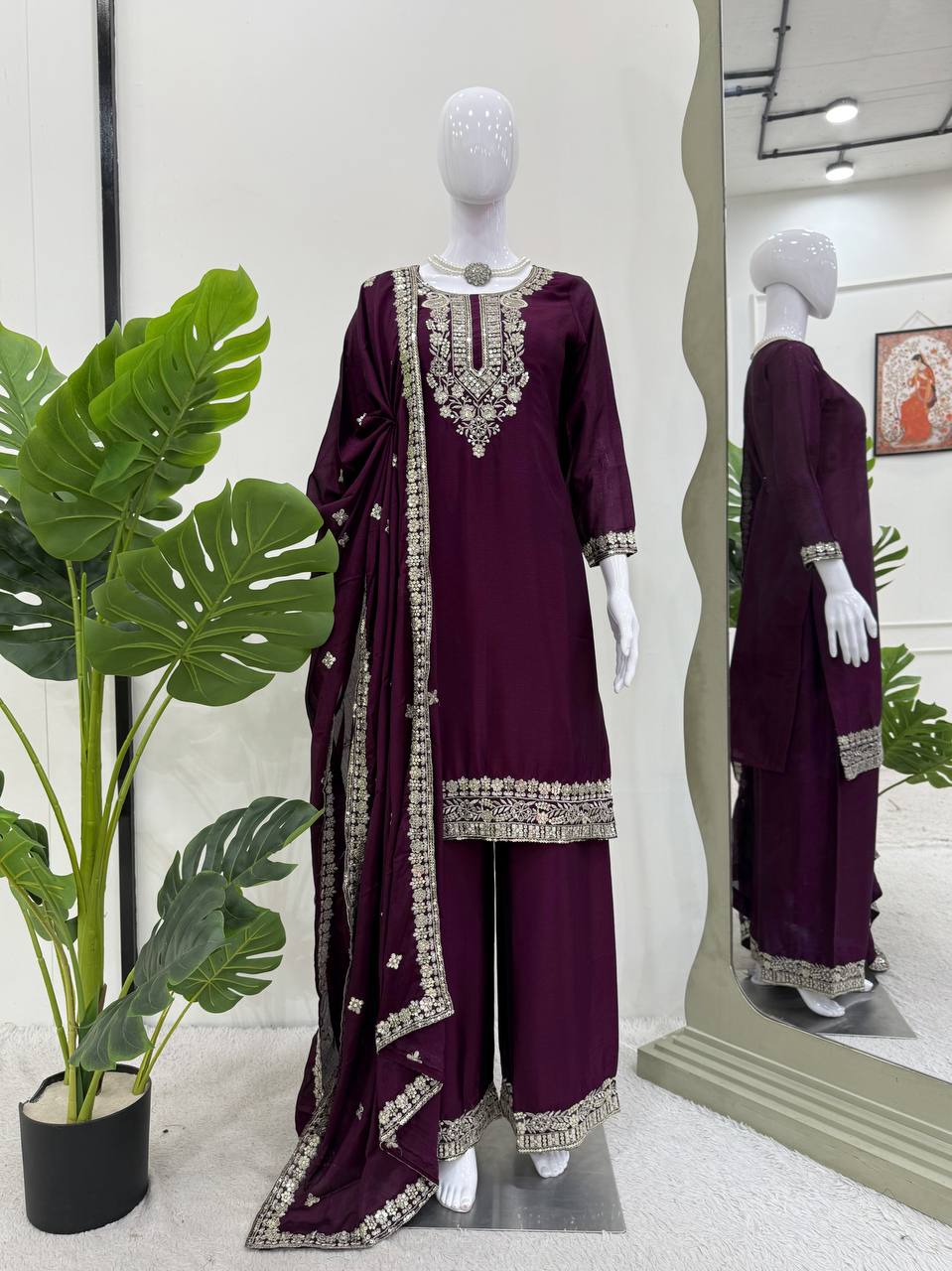 Wedding Wear Wine Color Premium Chinon Silk Beautiful Thread Embroidery Wth Sequin Work Palazzo Suit