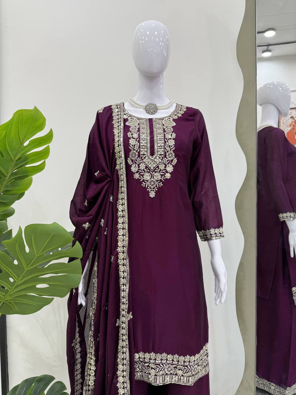 Wedding Wear Wine Color Premium Chinon Silk Beautiful Thread Embroidery Wth Sequin Work Palazzo Suit
