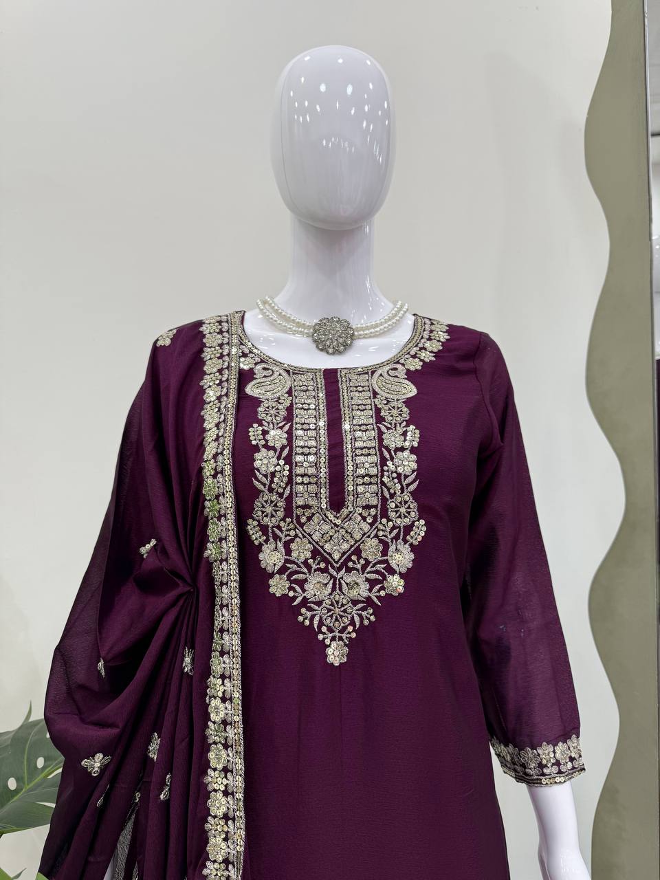 Wedding Wear Wine Color Premium Chinon Silk Beautiful Thread Embroidery Wth Sequin Work Palazzo Suit