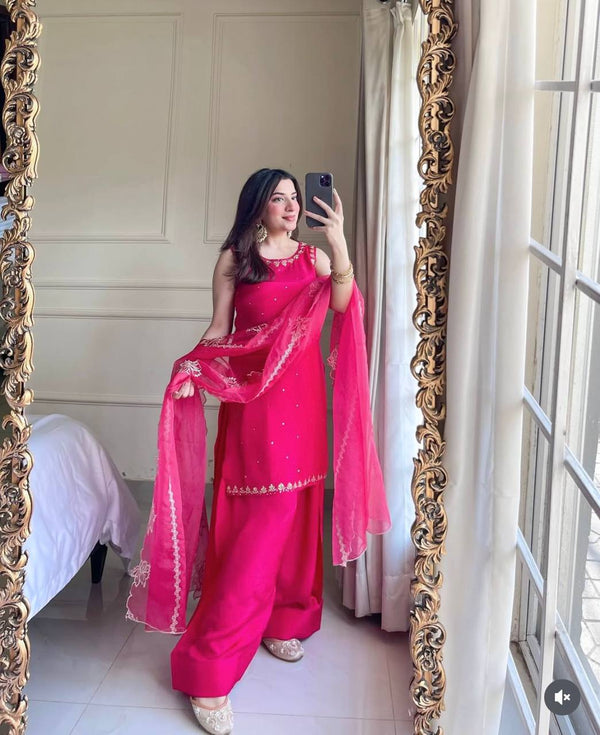 Wedding Wear Pink Color Pure Natural Crepe With Heavy Embroidery Sequence Work Palazzo Suit