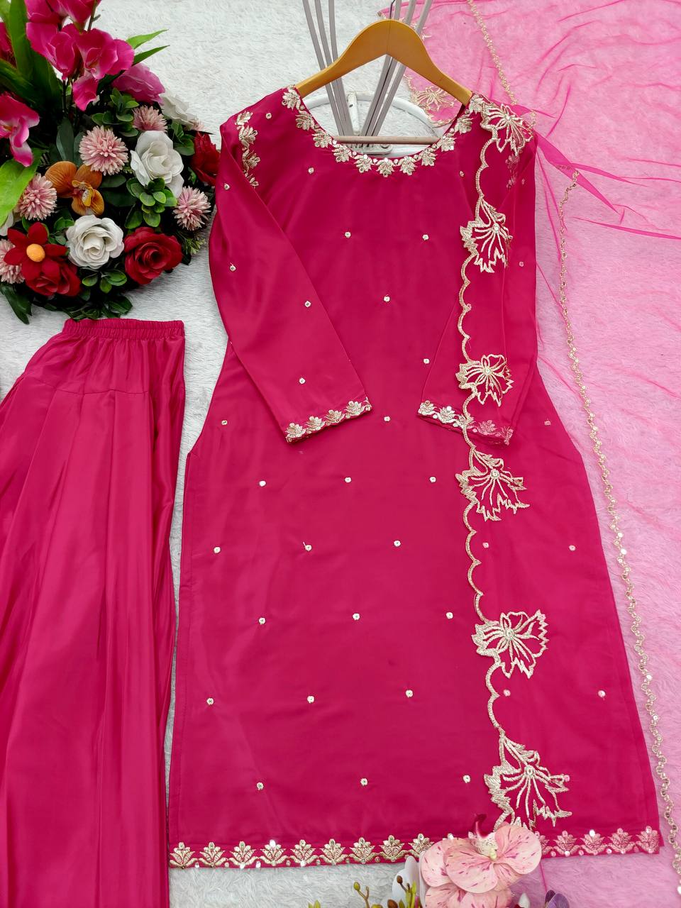 Wedding Wear Pink Color Pure Natural Crepe With Heavy Embroidery Sequence Work Palazzo Suit