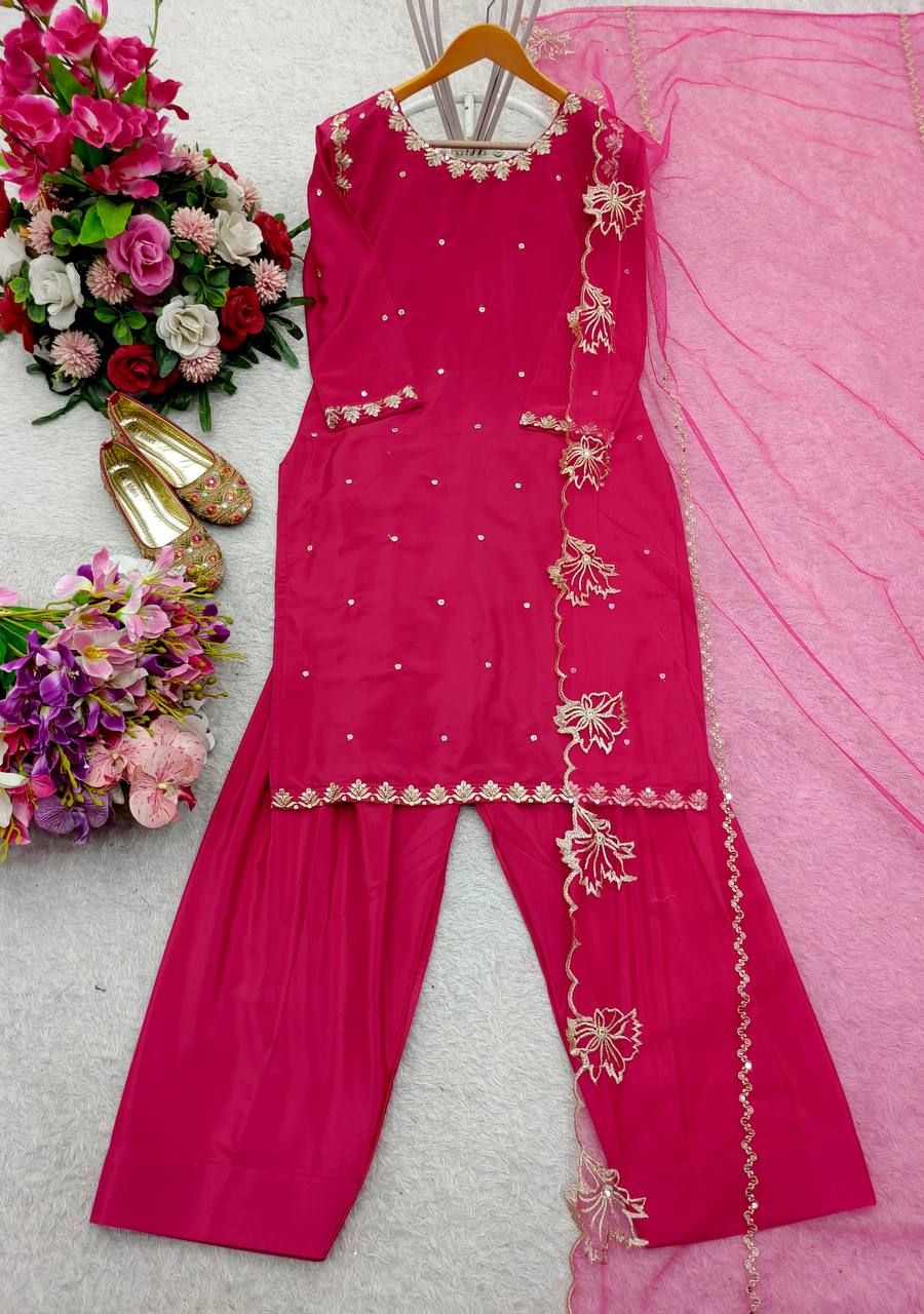 Wedding Wear Pink Color Pure Natural Crepe With Heavy Embroidery Sequence Work Palazzo Suit