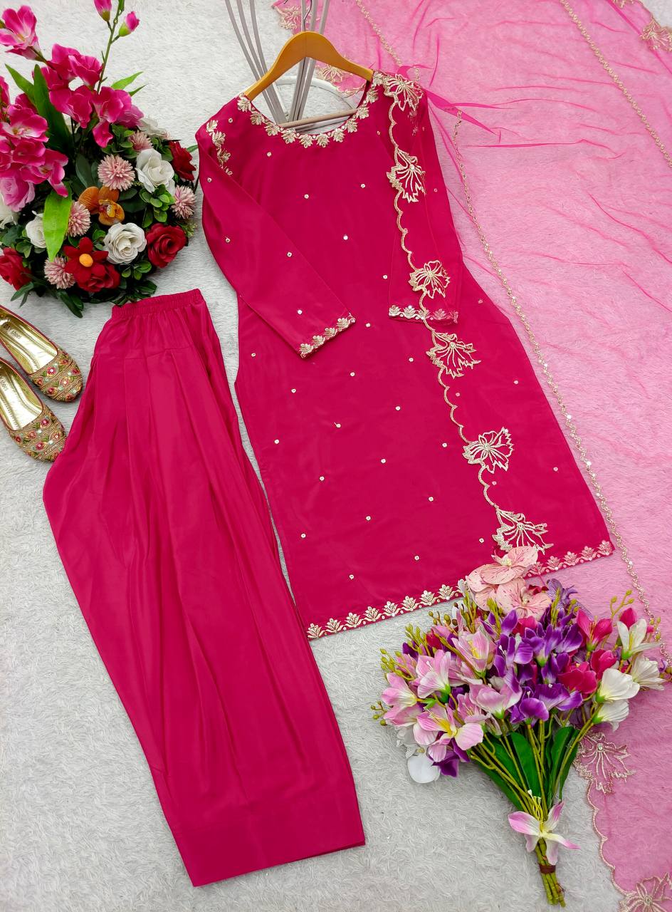 Wedding Wear Pink Color Pure Natural Crepe With Heavy Embroidery Sequence Work Palazzo Suit