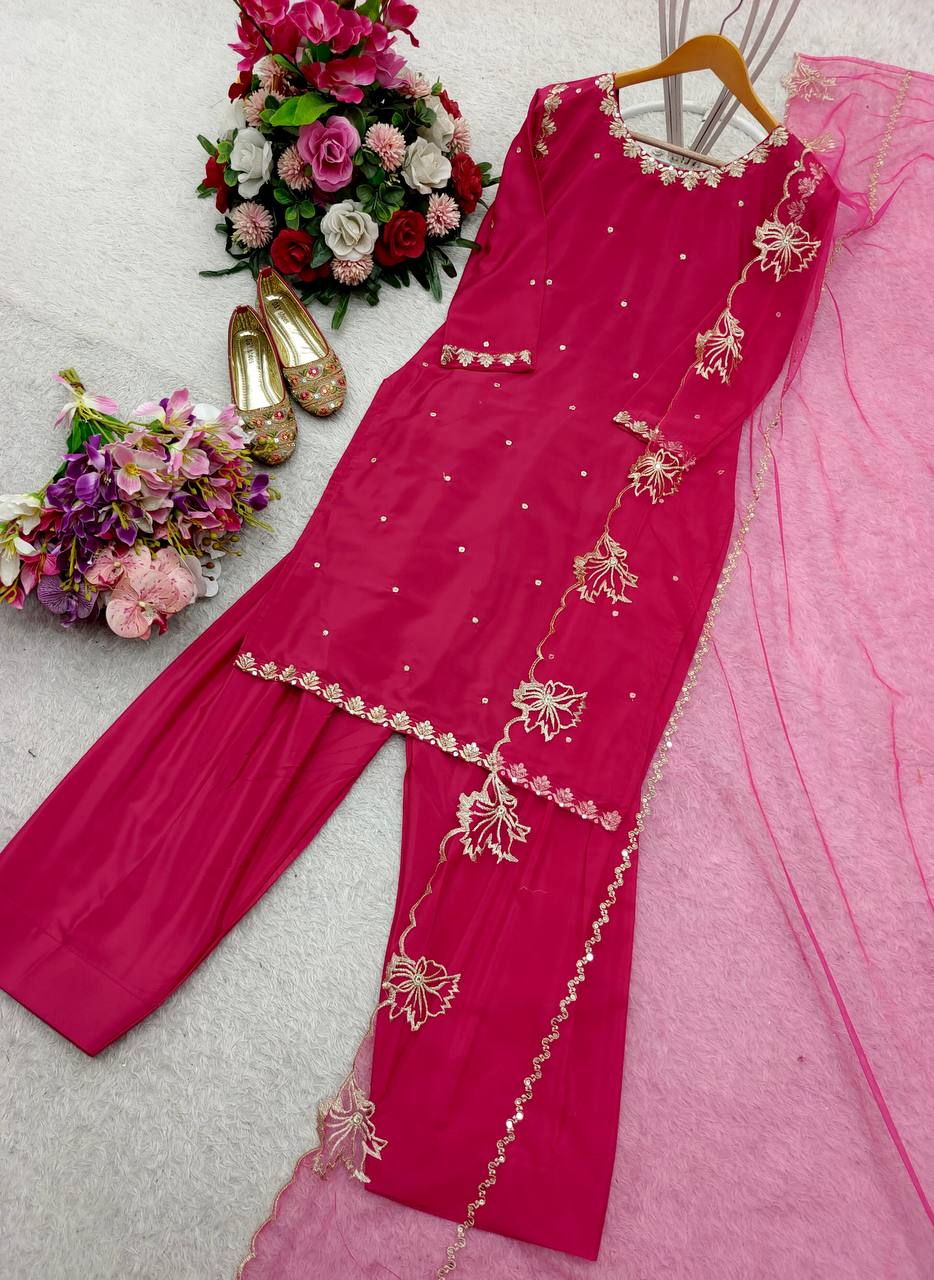 Wedding Wear Pink Color Pure Natural Crepe With Heavy Embroidery Sequence Work Palazzo Suit