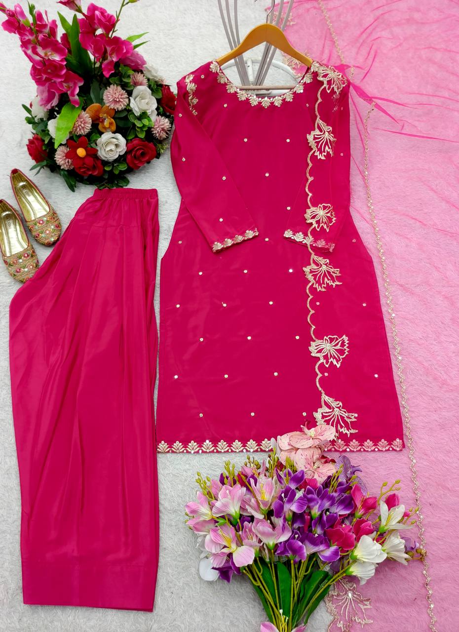 Wedding Wear Pink Color Pure Natural Crepe With Heavy Embroidery Sequence Work Palazzo Suit
