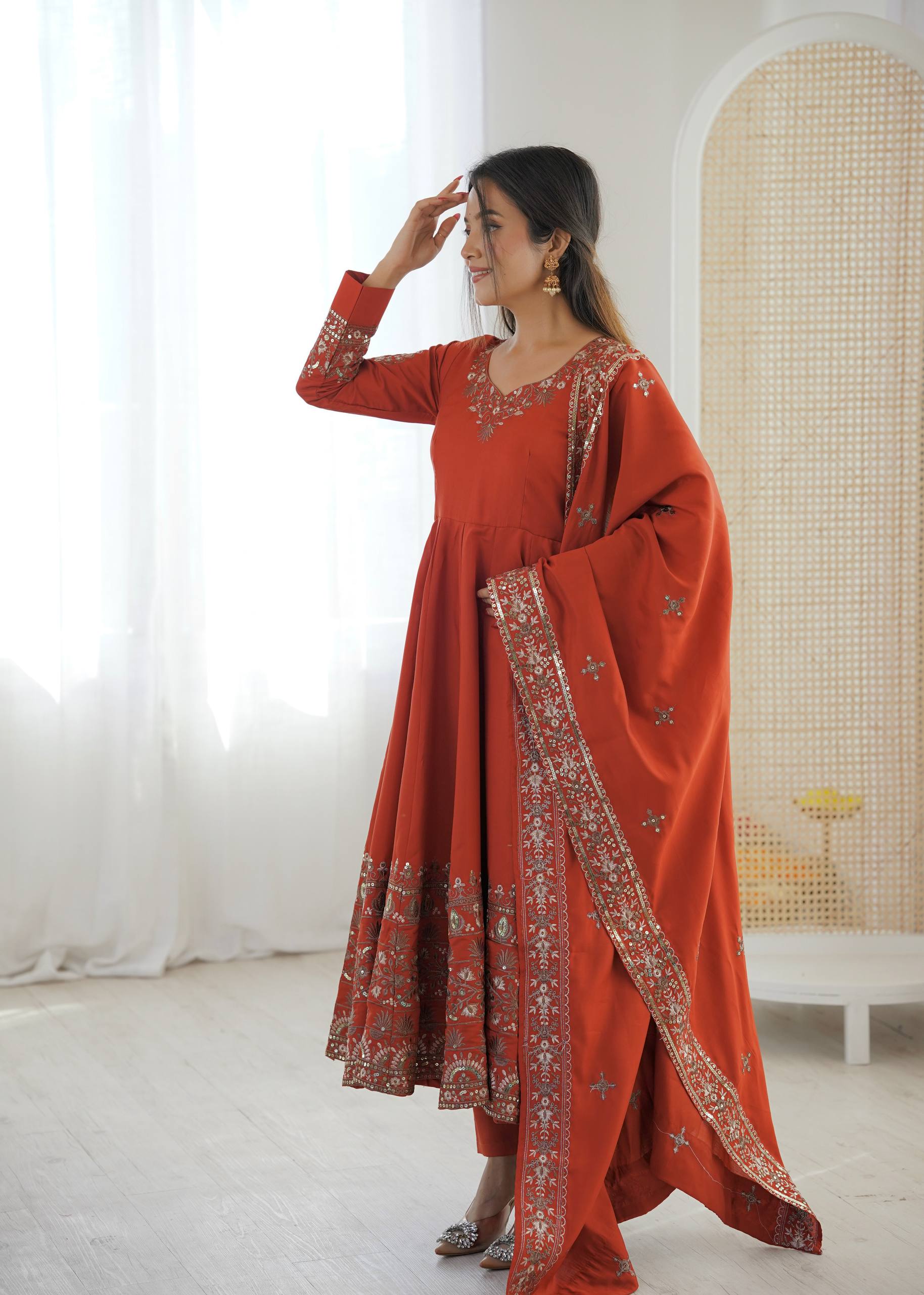 Arti Chauhan Wear Orange Color Sequence Embroidered Anarkali Suit With ...